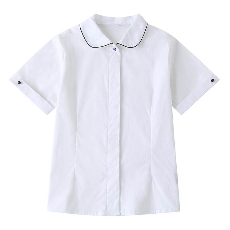 中小学生校服学院英伦风夏季白色圆领边双袖扣衬衫短袖女童棉衬衫
