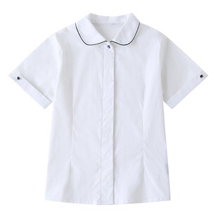 中小学生校服学院英伦风夏季白色圆领边双袖扣衬衫短袖女童棉衬衫