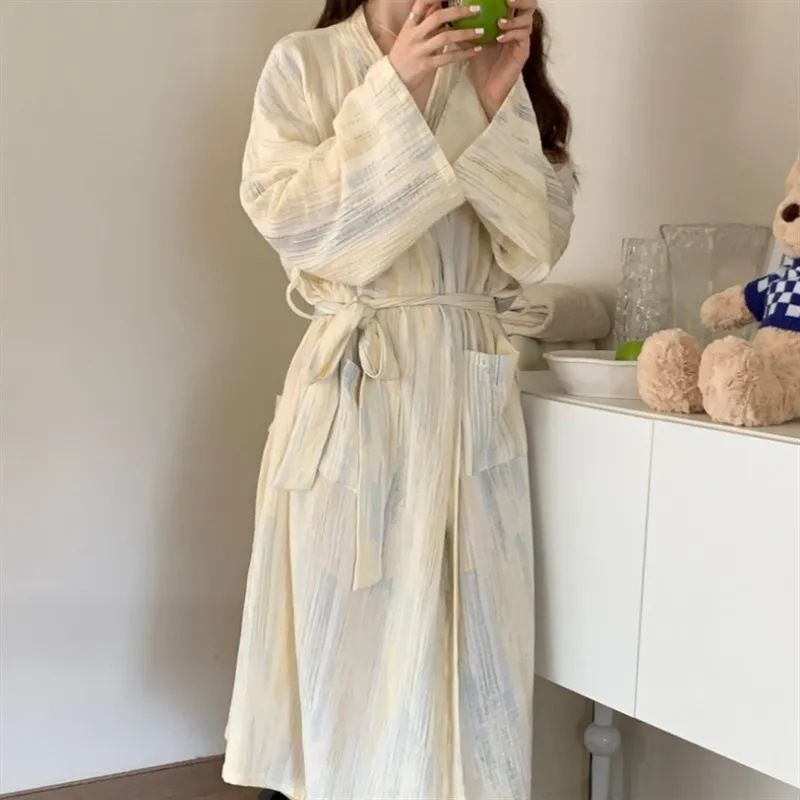 春秋季日系ins风睡裙女长袖和服简约宽松V领系带睡衣浴袍款居家服