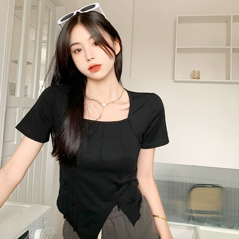 2024新款黑色方领正肩短袖T恤女夏设计感小众辣妹显瘦不规则上衣