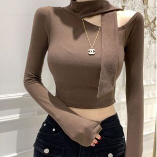 韩国新款不对称露肩飘带上衣女镂空修身显瘦短款长袖T恤系带围脖