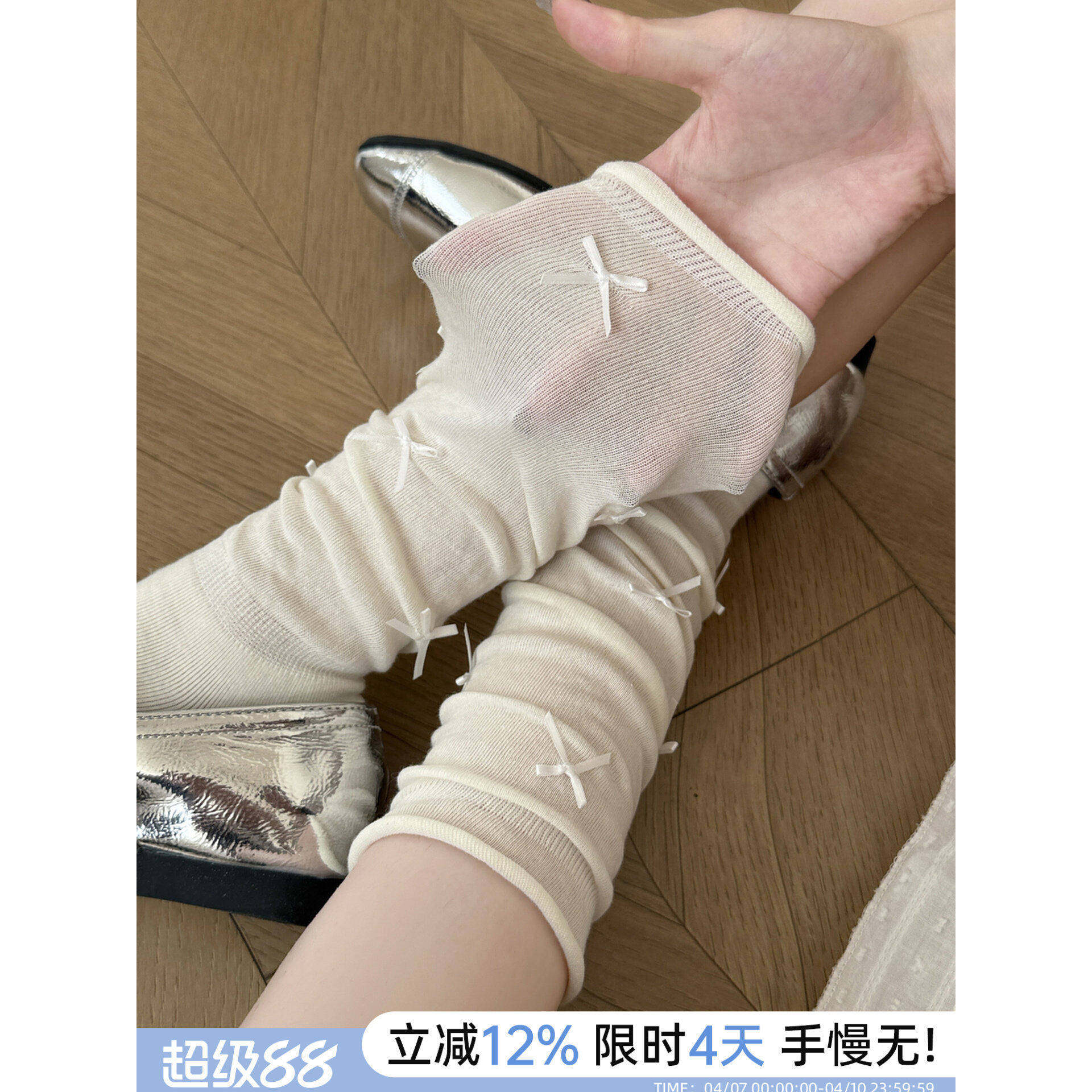 芭蕾风白色泡泡袜子夏薄款女款显瘦小腿袜长筒袜蝴蝶结-6