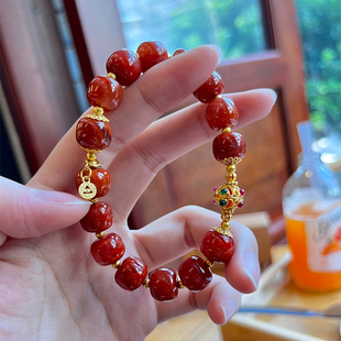 天然川料火焰红南红老型珠手串原矿玛瑙苹果珠国潮文玩手链气质女