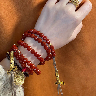 原创天然南红玛瑙108颗佛珠手串满色满肉柿子红手链念珠毛衣链女