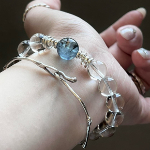 海冰凝天然巴西老矿白水晶手串高品海蓝宝转运珠S925纯银手链女款