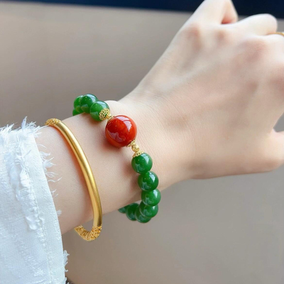 天然俄罗斯和田玉碧玉手串菠菜绿川料满色南红玛瑙手链新中式国风