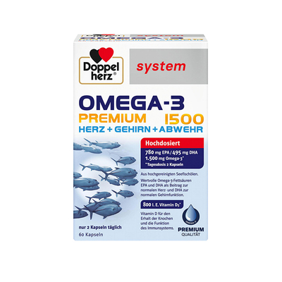 德国双心鱼油高纯度Omega3深海鱼油软胶囊DHA护心脑1500mg60粒