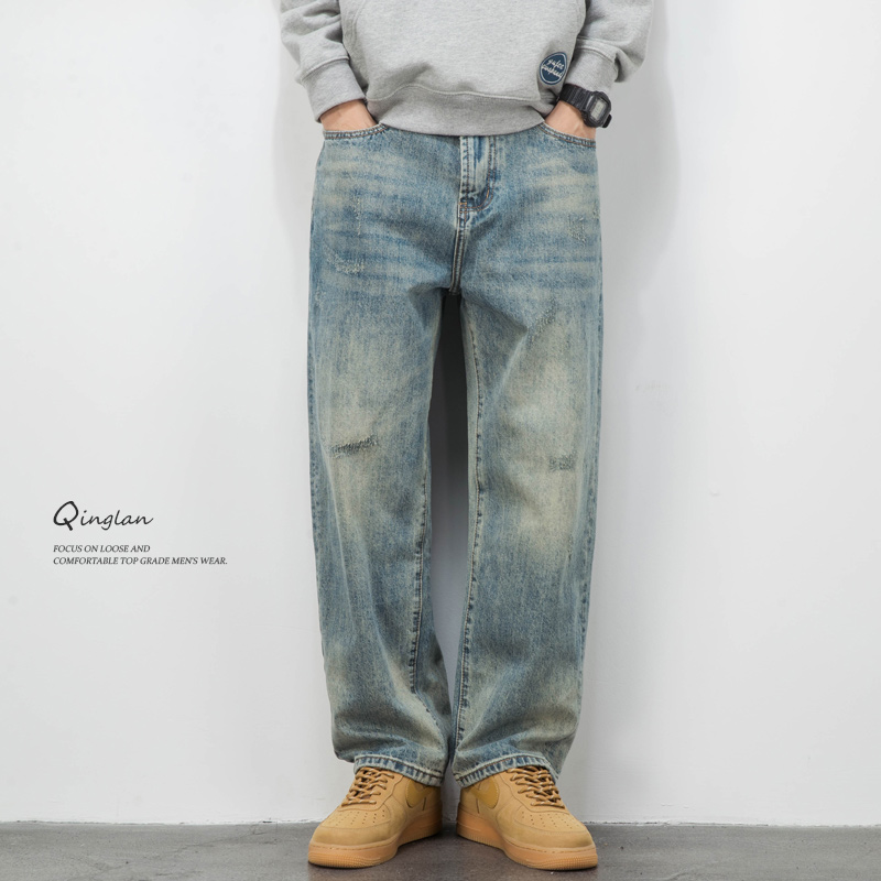秋冬裤子男阔腿直筒浅色复古垂感水洗牛仔裤男款宽松大码休闲秋季