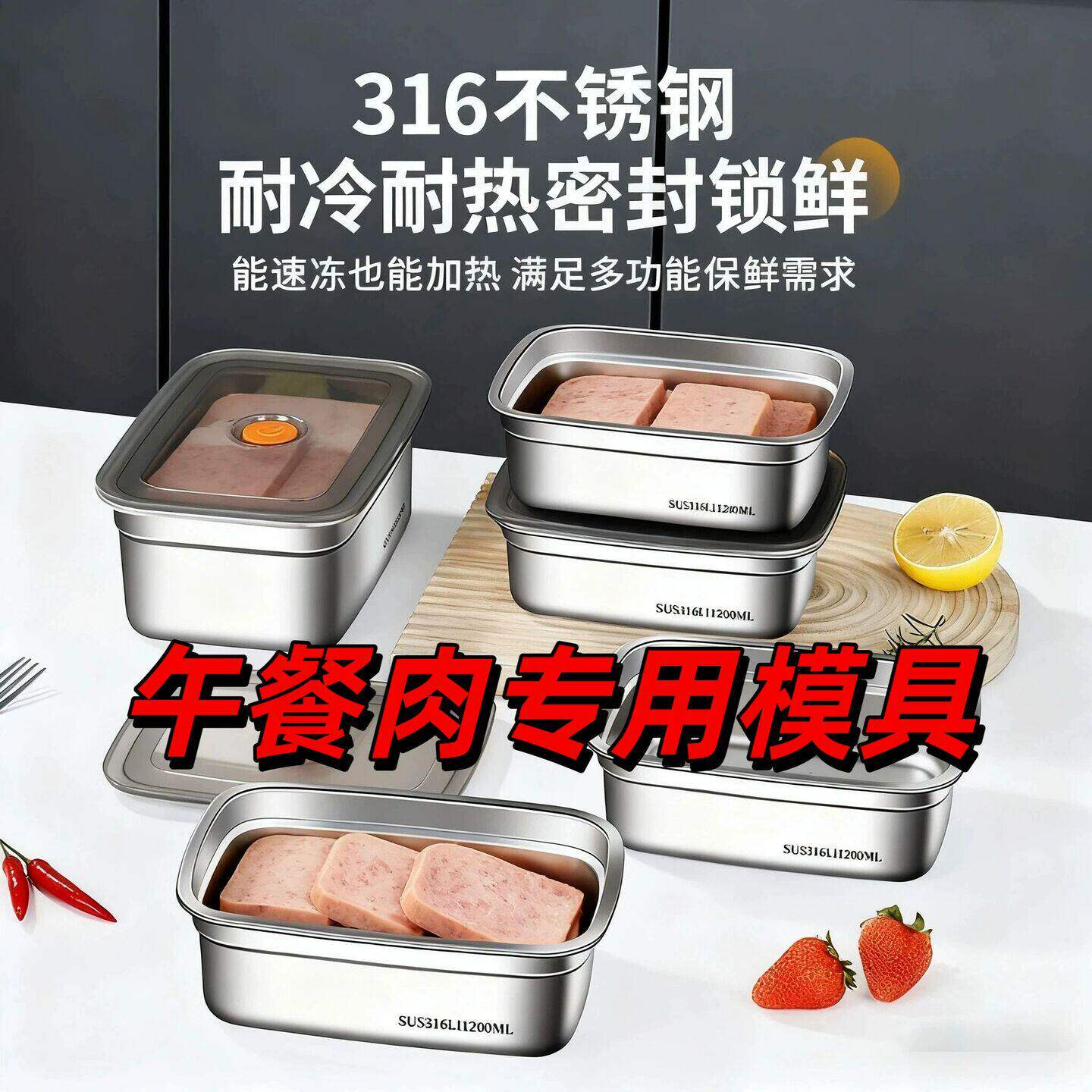 午餐肉专用模具食品级316不锈钢保鲜盒方盘冰箱收纳盒带盖子烧烤