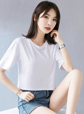 宽松纯棉高腰短款露脐上衣女时尚个性设计感小众女生半袖t恤夏季