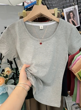 纯棉气质灰色修身短袖t恤女夏季新款气质紧身显瘦基础款百搭上衣