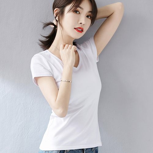 纯棉V领修身白色短袖T恤女夏季