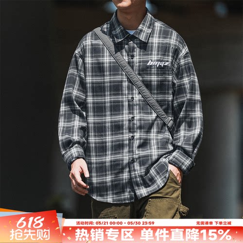 HEEMKIZOO刺绣翻领长袖格子衬衫