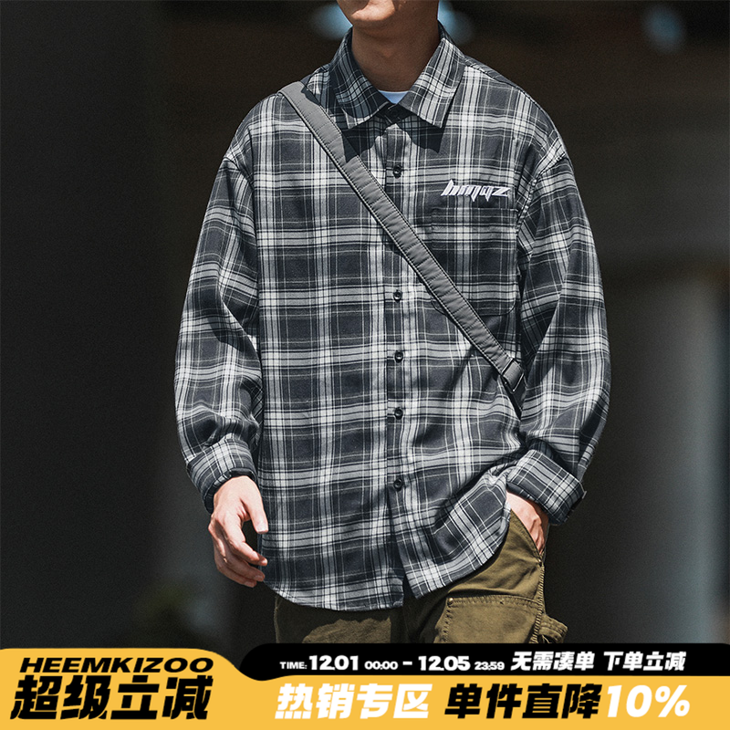 HEEMKIZOO刺绣翻领长袖格子衬衫