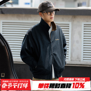 HEEMKIZOO美式复古男士牛仔外套秋潮牌宽松翻领户外工装夹克上衣