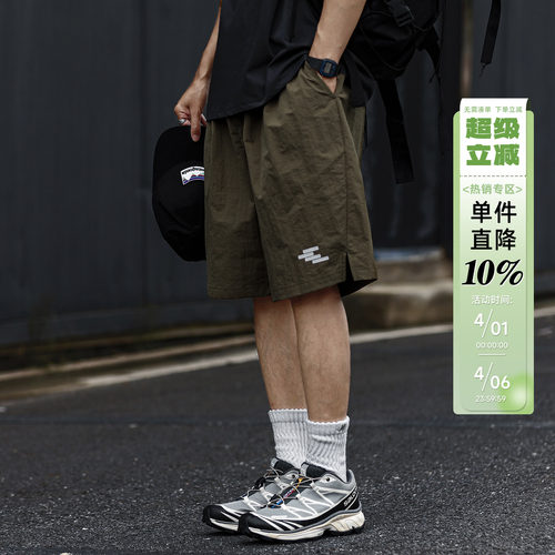HEEMKIZOO美式复古夏季四杠反光印花男士短裤户外宽松休闲裤子潮