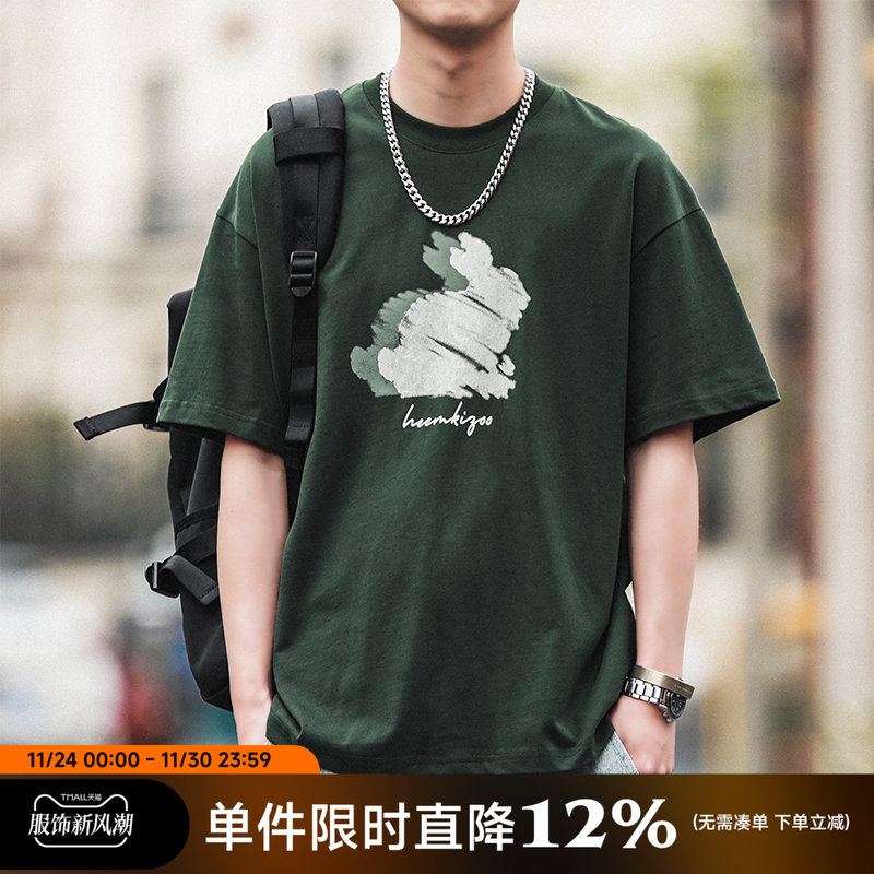 290g重磅嘿马七作原创日系夏季男士涂鸦兔子印花短袖宽松T恤上衣