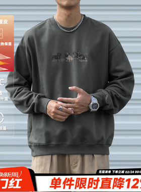 HEEMKIZOO450g重磅日系春秋休闲圆领卫衣男士套头印花百搭上衣潮