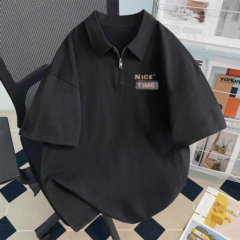 半拉链polo衫男士夏季潮牌宽松青少年休闲翻领五分半袖体恤上衣服