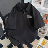 半拉链polo衫 体恤上衣服 潮牌宽松青少年休闲翻领五分半袖 男士 夏季