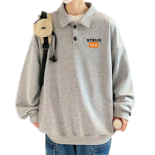 polo衫男款秋季美式复古高街重磅卫衣宽松潮牌情侣装翻领上衣外套