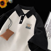 美式 2026新款 复古痞帅翻领体恤上衣服潮 男夏季 纯棉插肩撞色polo衫