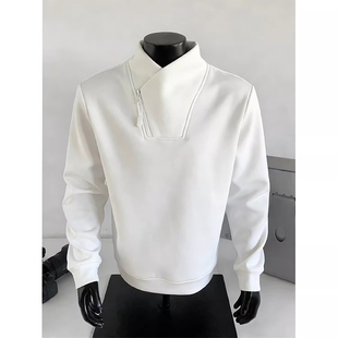 美式斜拉链卫衣男款春秋季潮牌宽松设计感打底长袖t恤老钱风上衣