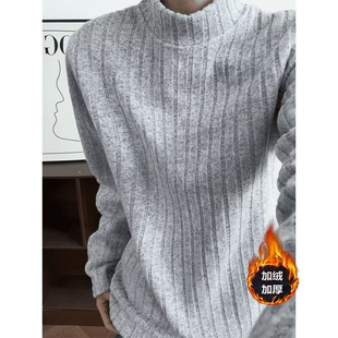 美式灰色半高领坑条毛衣男款秋冬季修身高级感中领保暖针织打底衫