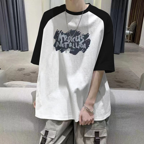 颖膝夏季拼色短袖T恤男ins潮牌