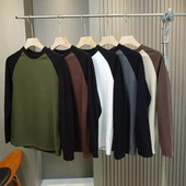 德绒长袖 t恤男士 冬季 美式 ins潮牌撞色圆领保暖内搭外穿打底衫 上衣