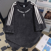 2026新款 t恤男夏季 潮牌三条杠设计感小众上衣服 水洗做旧短袖 美式