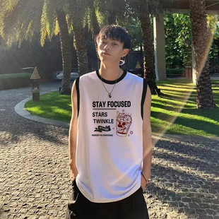 砍袖 纯棉撞色无袖 潮牌宽松休闲运动篮球坎肩男装 夏季 背心 t恤男士