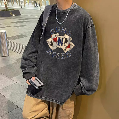 颖膝美式水洗做旧长袖t恤男ins潮
