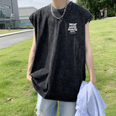 美式 t恤男生水洗做旧ins潮流运动坎肩 无袖 复古纯棉背心男夏季 薄款