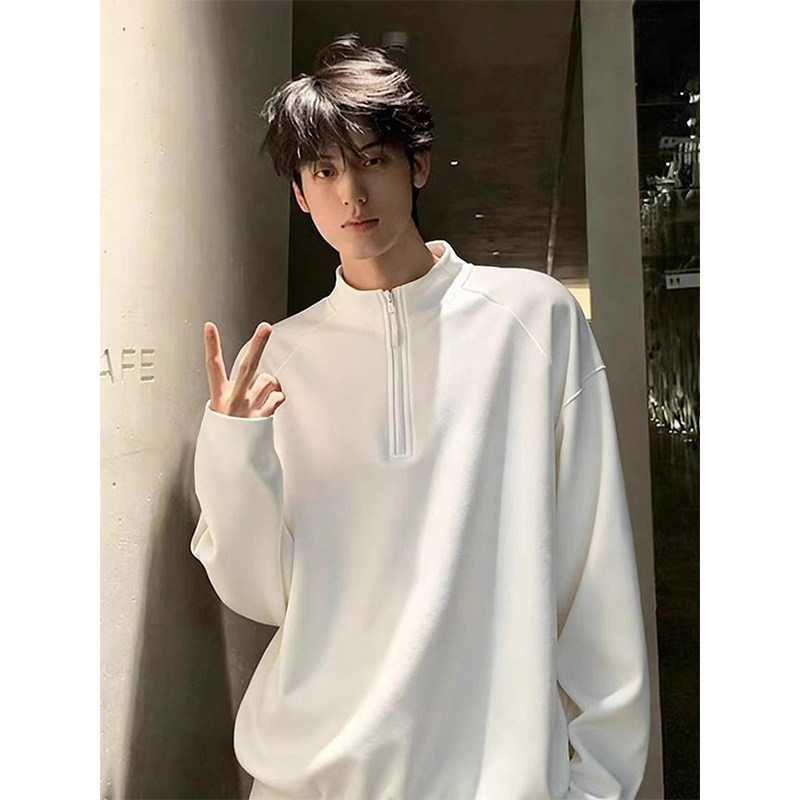 颖膝白色半拉链正肩长袖T恤男士