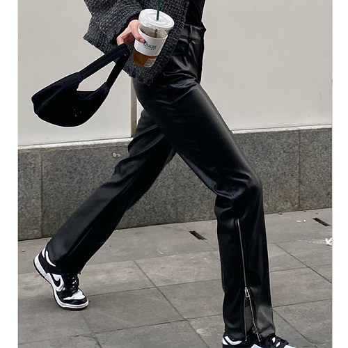 高腰欧美百搭拉链皮裤