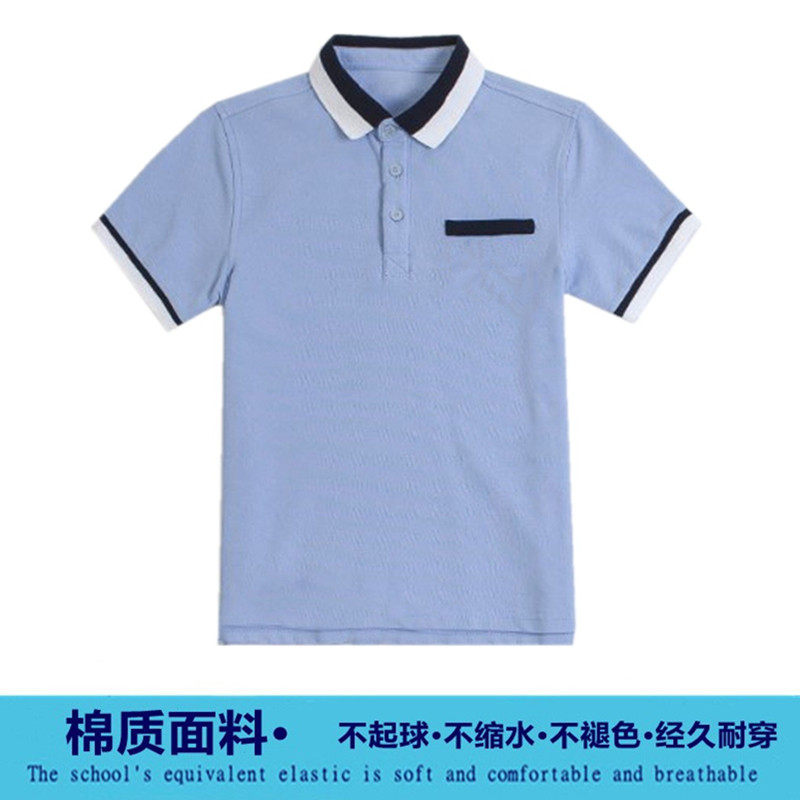 伊顿校服 英伦学院风纯棉湖蓝色短袖t恤中小学生polo翻领衫16t015