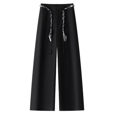 黑色休闲西装阔腿裤女2025秋季新款高腰宽松显瘦垂感拖地直筒长裤