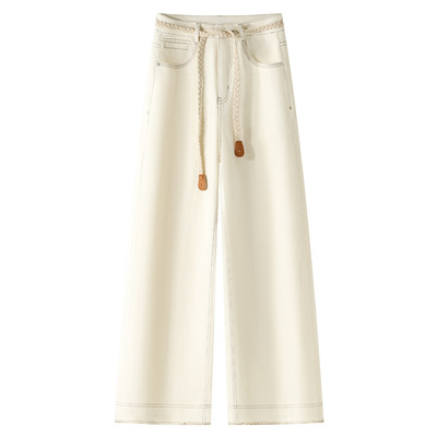 米白色窄版牛仔阔腿裤女款2025秋季新款高腰宽松显瘦拖地直筒长裤