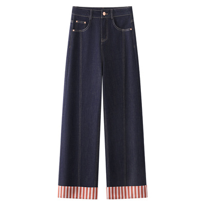 深蓝色阔腿牛仔裤女春季2025新款宽松显瘦高腰复古直筒裤春秋