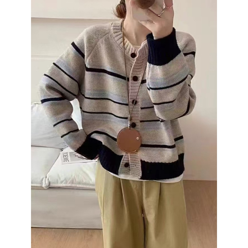 针织衫开衫女韩系chic秋冬新款慵懒休闲撞色条纹显瘦毛衣外套上衣