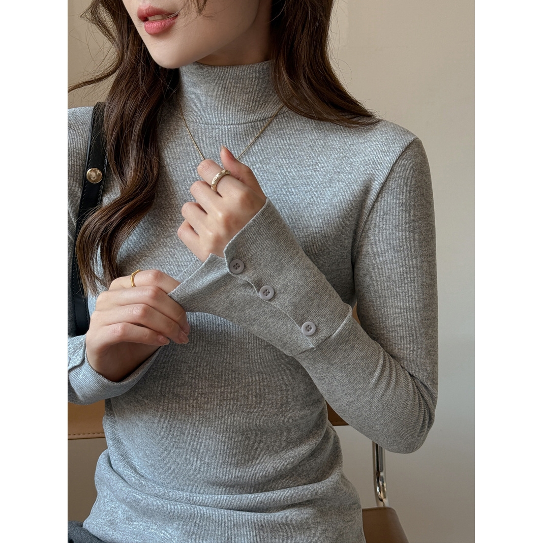 秋冬仿羊绒德绒设计感半高领长袖打底衣衫女内搭正肩t恤中领时尚