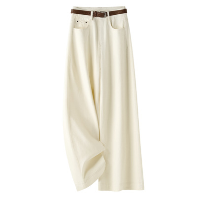 米白色牛仔直筒裤女2025秋季新款高级感宽松显瘦高腰拖地阔腿长裤