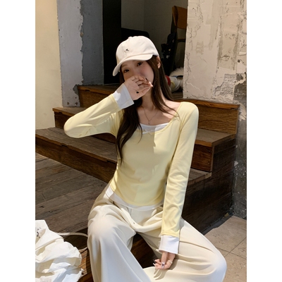 多巴胺鹅黄色拼接假两件蝴蝶结长袖T恤女秋季甜美修身设计感上衣
