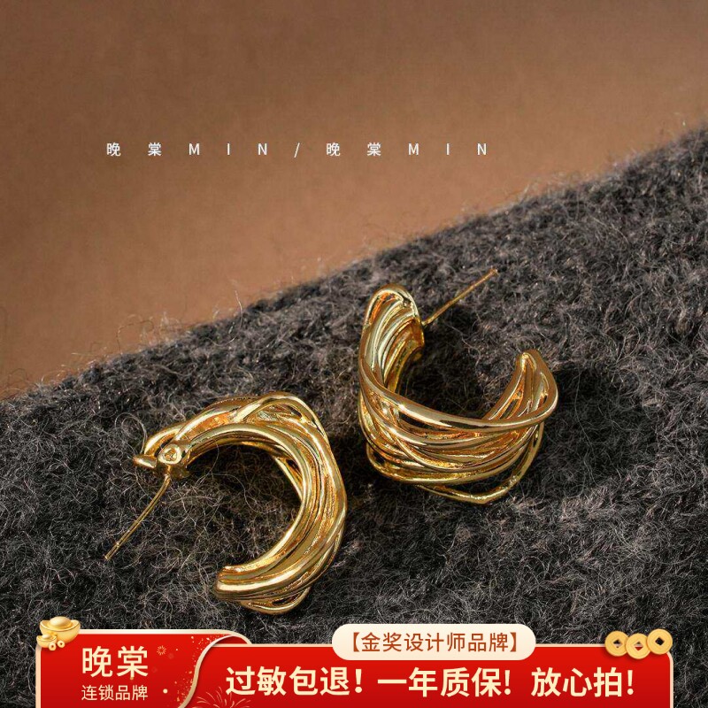 晚棠MIN 复古高级感镂空金属重工绕线C形圈圈耳环潮人耳饰女A575