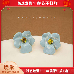 晚棠MIN 莫奈花园 复古油画花朵黄钻耳环轻奢高级感小众气质A296
