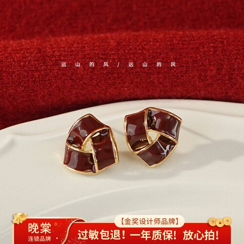 远山的风 复古安可拉红编制感酒红色港风气质耳钉高级感耳环A0325