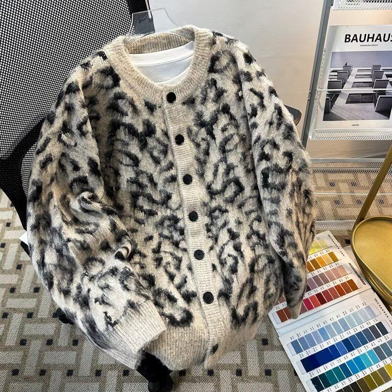 秋冬潮牌撞色开衫豹纹拉毛慵懒风针织衫毛衣男女高街复古保暖上衣