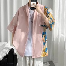 港风宽松小众设计感趣味印花短袖 男夏装 上衣外穿 韩版 粉色复古衬衫