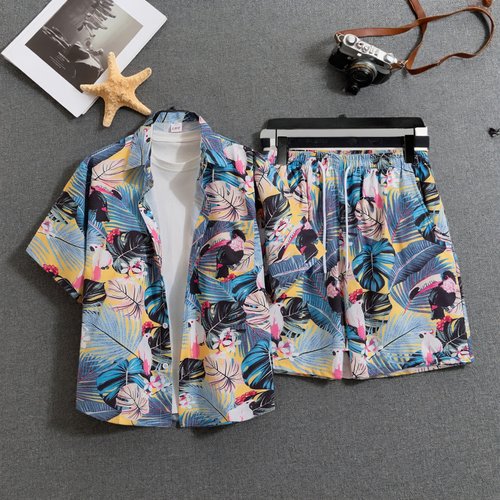 两件装夏威夷沙滩印花短袖套装